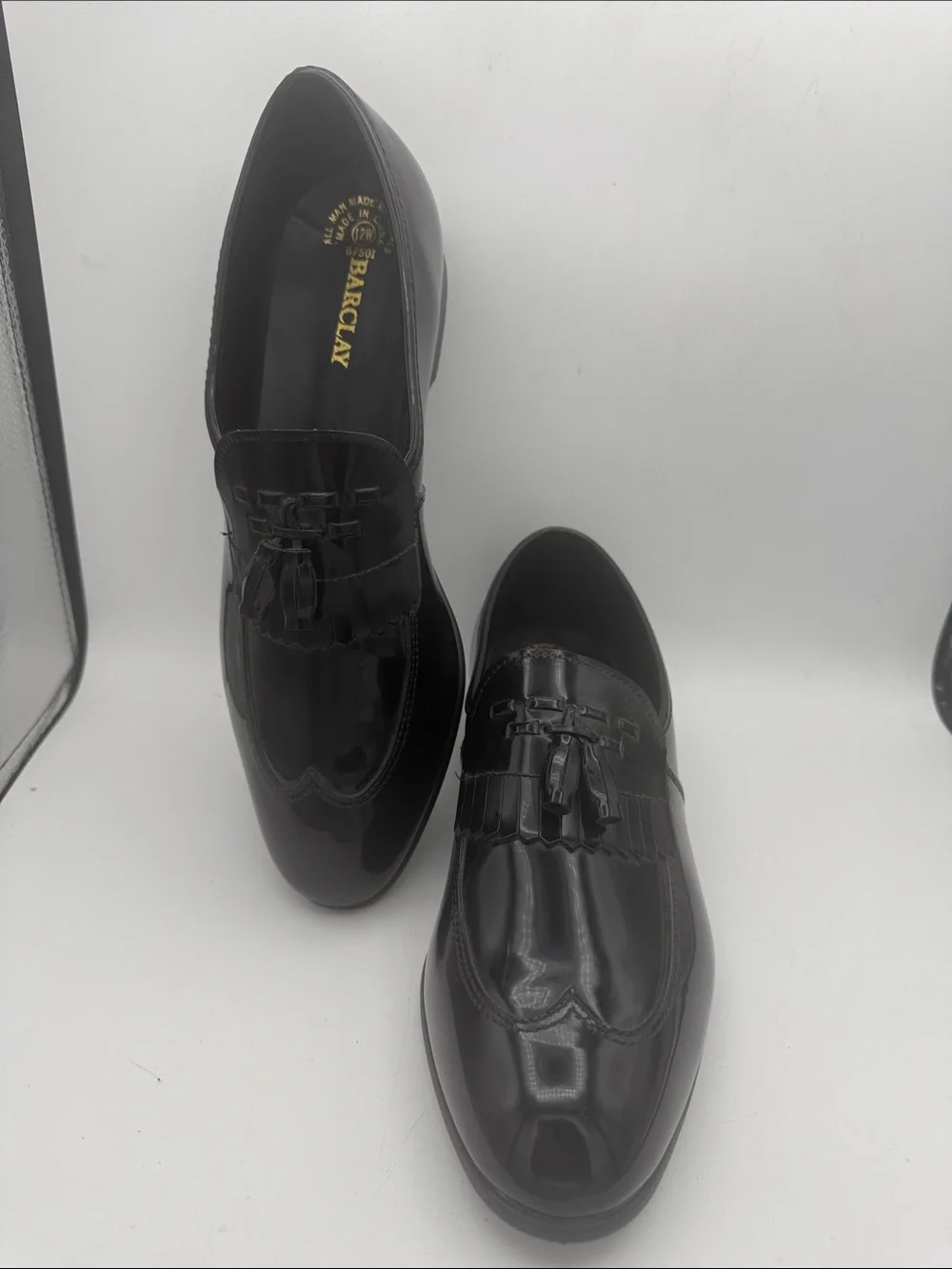 Mens Barclay black patent faux leather high polish formal slip on shoes sz 12 W